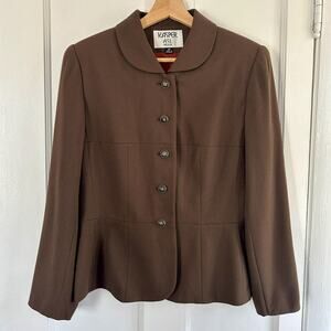 Vintage 90s Brown Peplum Blazer Medium | Rayon Blend Peter Pan Collar Jacket